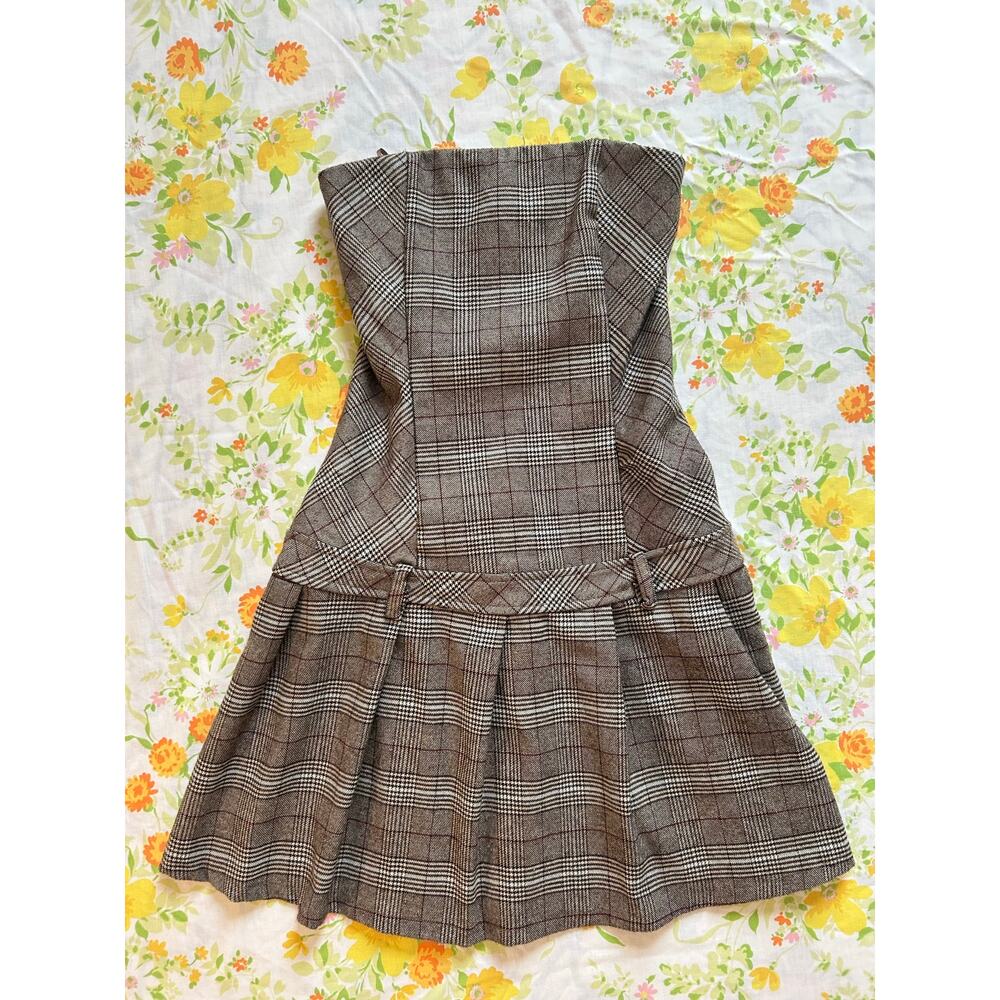 KIRIOUS LOS ANGELES | brown plaid strapless bandeau mini dress